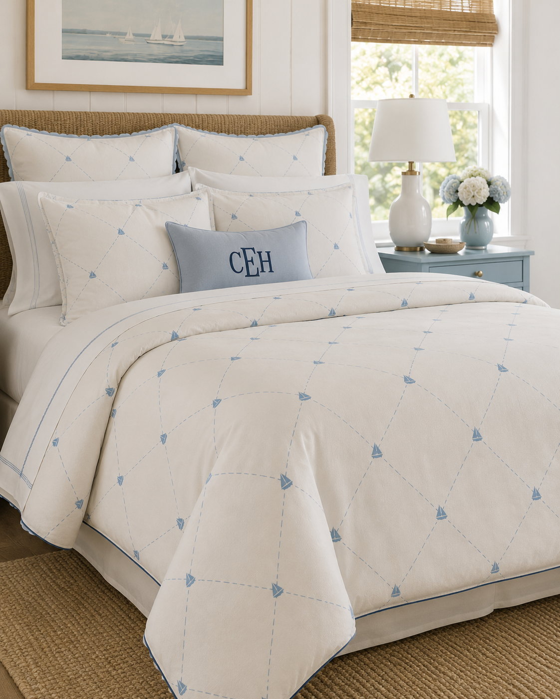 A bedroom with a white bedspread and matching pillows, featuring a nautical pattern of blue arrows and dotted lines. There is a light blue pillow with initials in Cyrillic, a white table lamp, a blue vase with white and light blue flowers, and a window with a bamboo shade.