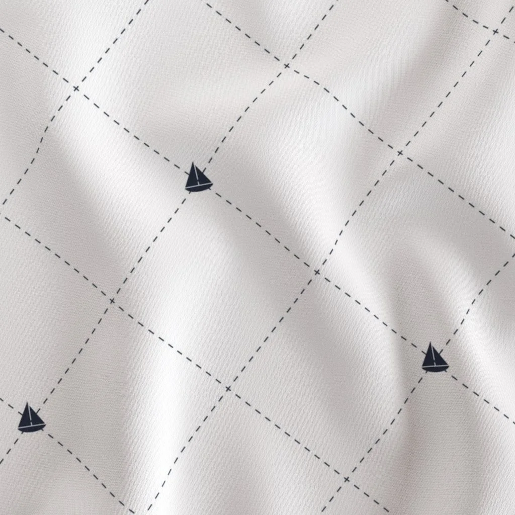 White fabric with a navy blue diamond pattern featuring small sailboat icons.