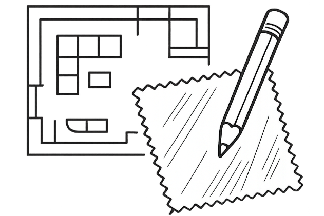 A floor plan drawing with a pencil and a piece of paper over it.