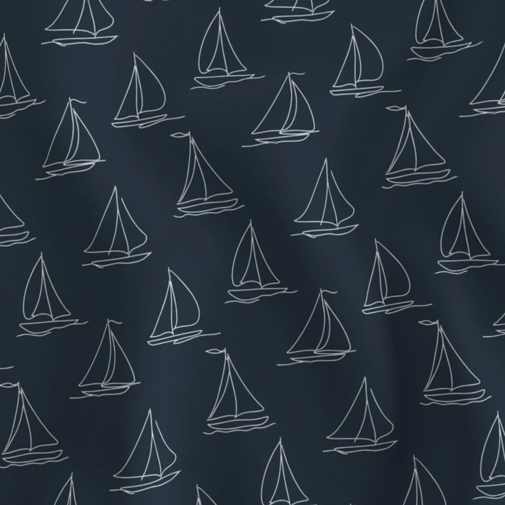 Seamless pattern of white sailboats drawn with simple lines on a dark background.