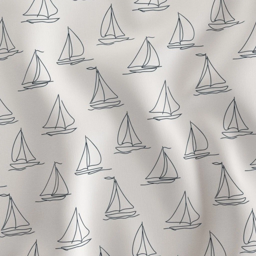 White fabric with a repeating pattern of simple line drawings of sailboats.
