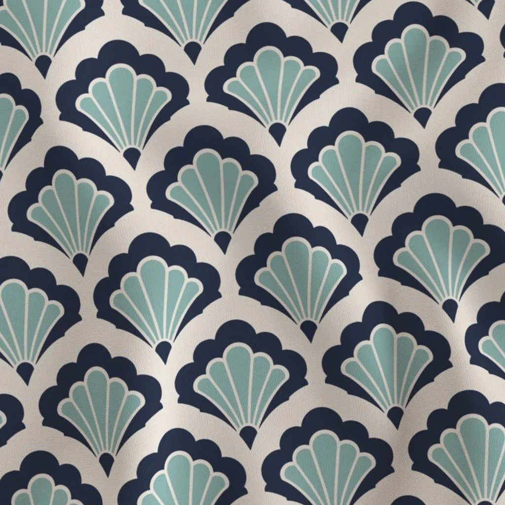 Pattern of stylized fans in teal and navy blue on a white background.