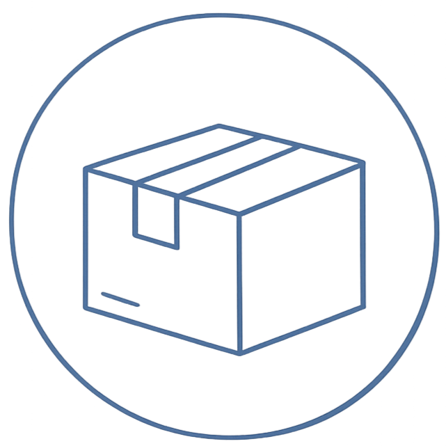 Outline drawing of a cardboard box with a label on top, enclosed in a circular border.