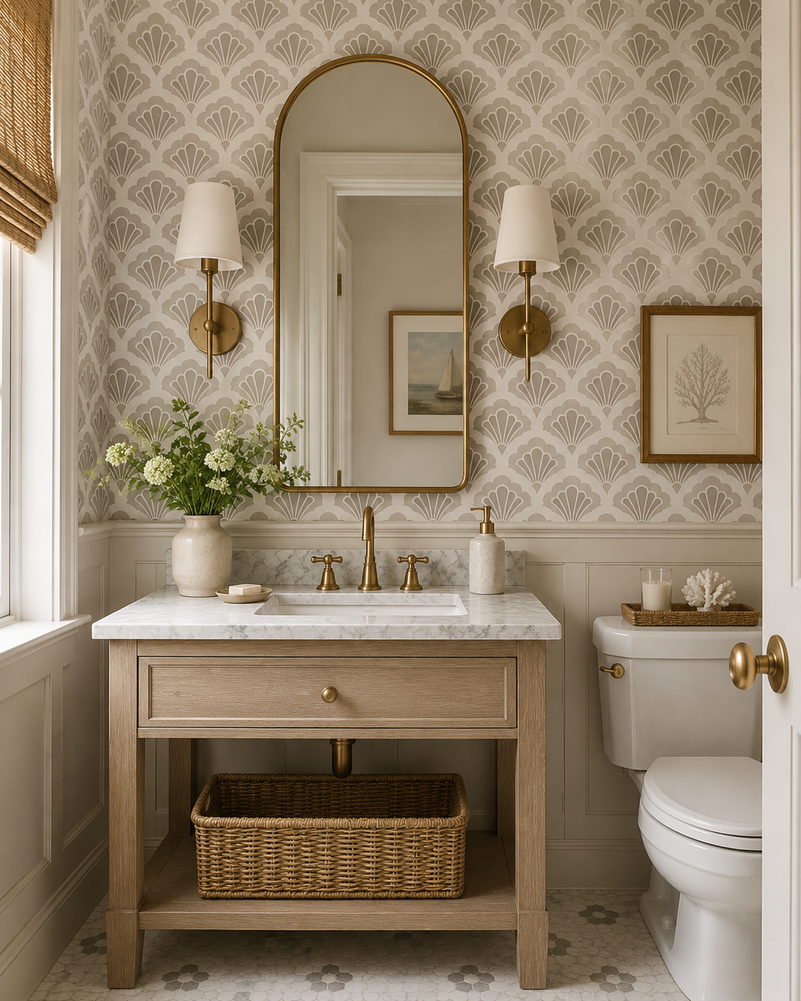 A bathroom with a wooden vanity with a white marble top, gold fixtures, a large mirror, wall sconces, framed artwork, a vase of white flowers, a soap dispenser, a candle, and decorative coral, with a toilet to the right and patterned wallpaper.