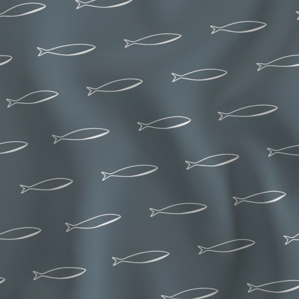 A pattern of white fish illustrations on a dark gray background.