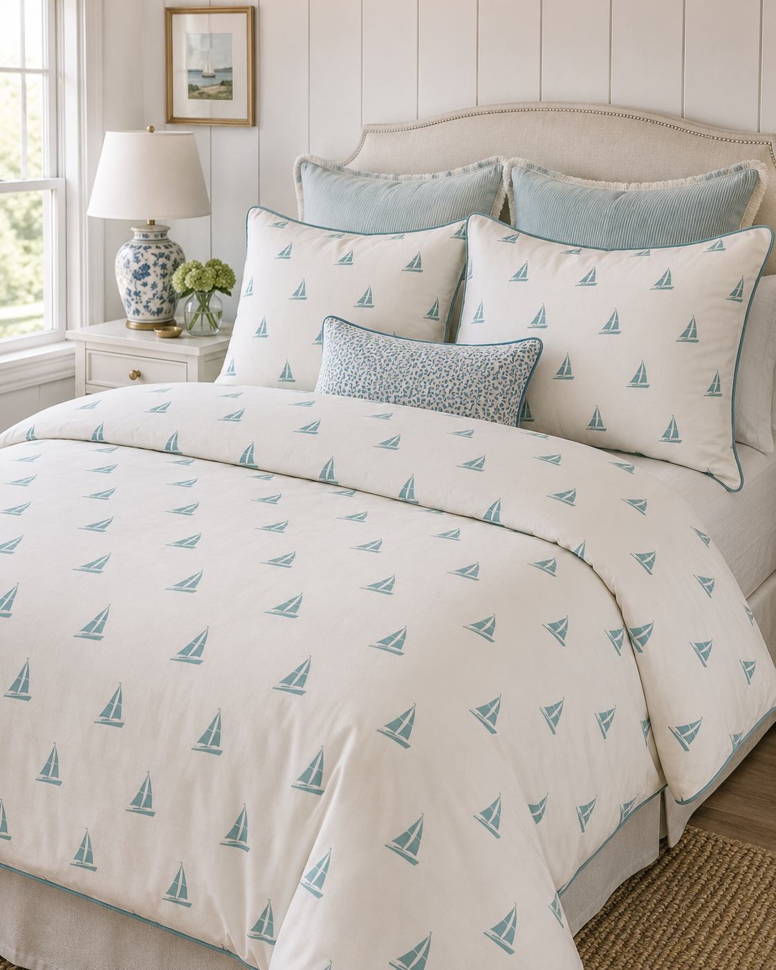 A neatly made bed with white and light blue nautical-themed bedding featuring sailboats, with matching pillows and one small decorative pillow. A white bedside table with a ceramic lamp and a small green bouquet are next to a window with natural light.