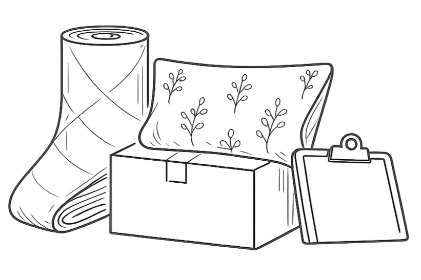A quilted blanket roll, a pillow with embroidered leaves, a cardboard box, and a clipboard with paper.