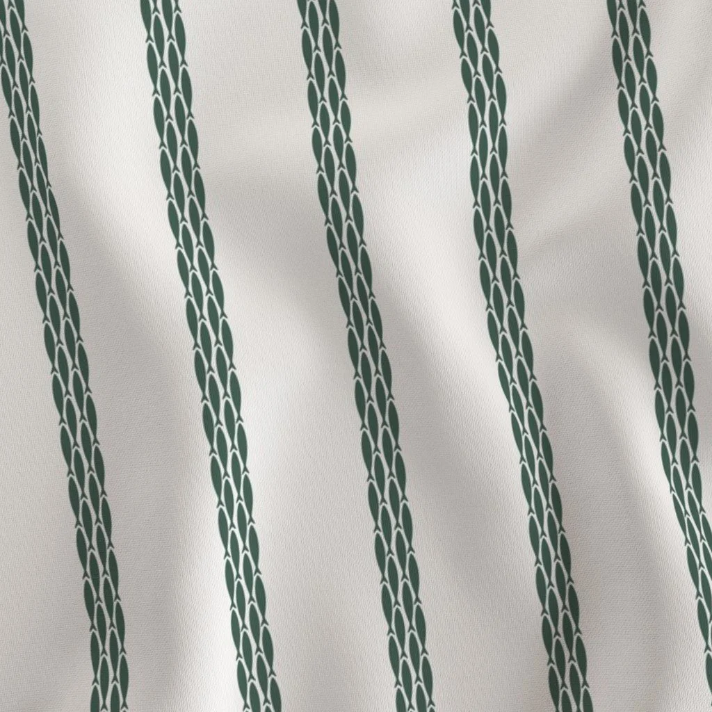 Close-up of a fabric with vertical green and white striped pattern.