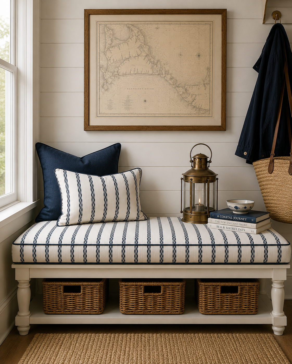 A cozy window seat with navy and striped pillows, a lantern, books, a bowl, and a basket near a wall with a framed nautical map.