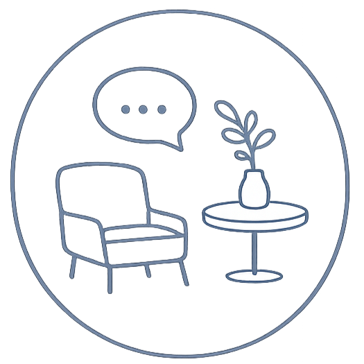 Illustration of a cozy indoor space with an armchair, a side table with a plant, and a speech bubble indicating conversation or communication.