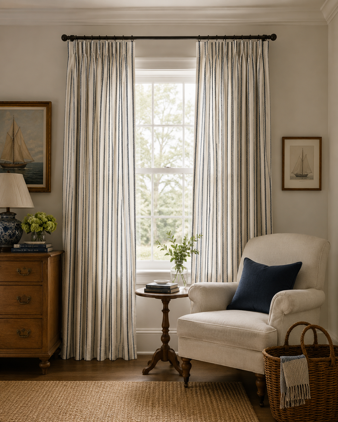 A cozy living room corner with cream-colored armchair, black pillow, small round wooden table with green plant, wooden dresser with blue and white lamp, framed nautical artwork, striped curtains, window showing greenery outside, woven basket, and a woven rug.
