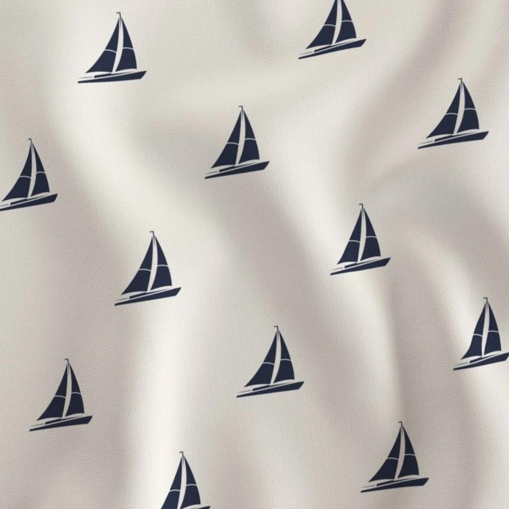 Pattern of small navy blue sailboats on a white fabric, arranged in alternating rows.