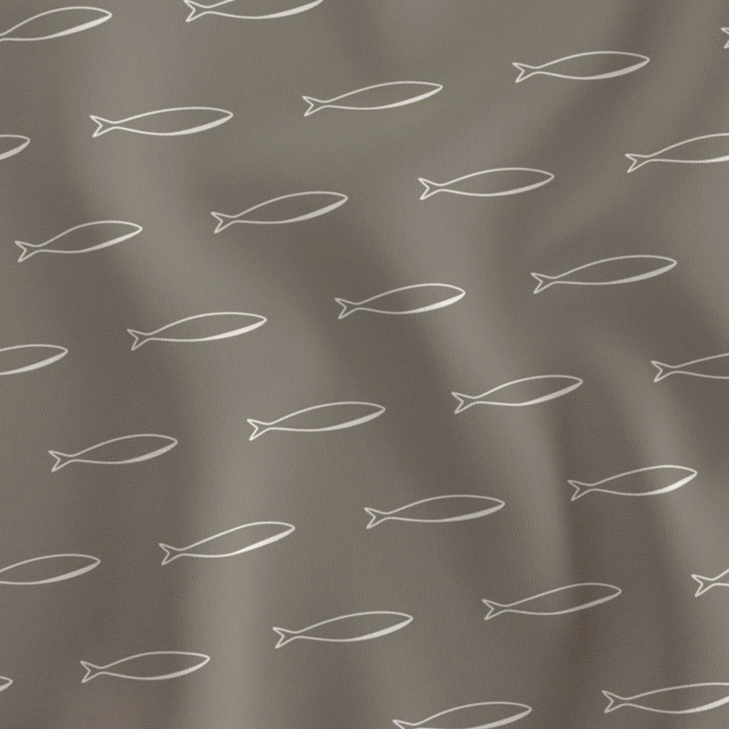 Gray fabric with a pattern of white fish outlines evenly spaced.