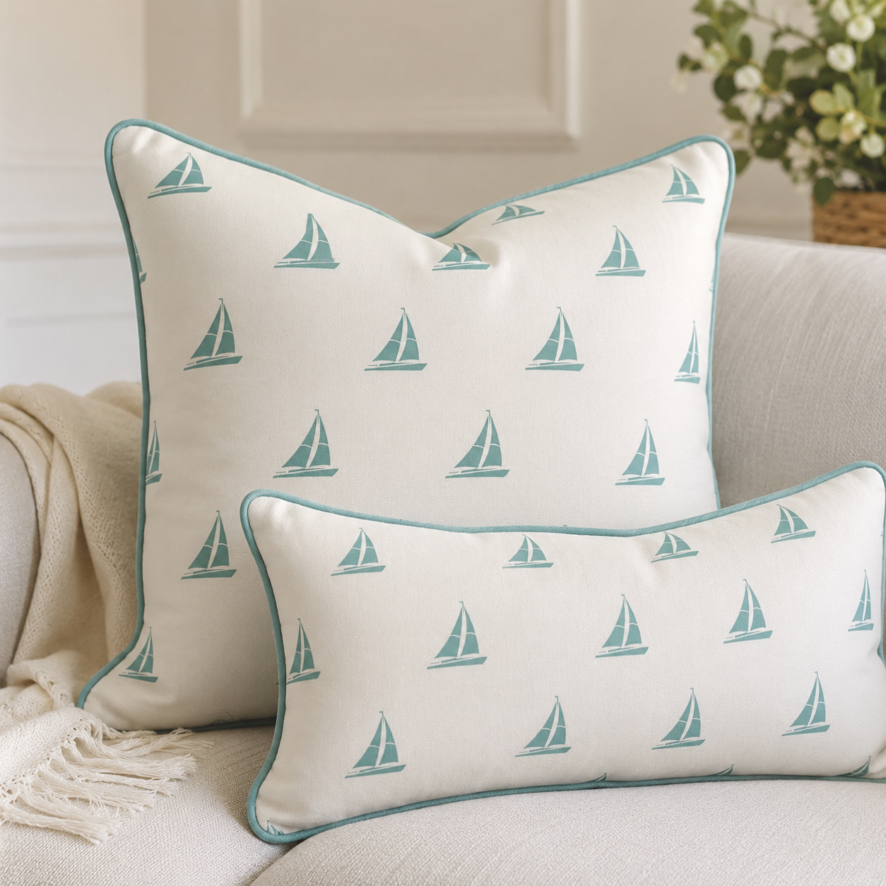 Two decorative pillows with a sailboat pattern on a beige sofa in a cozy, well-decorated living room.