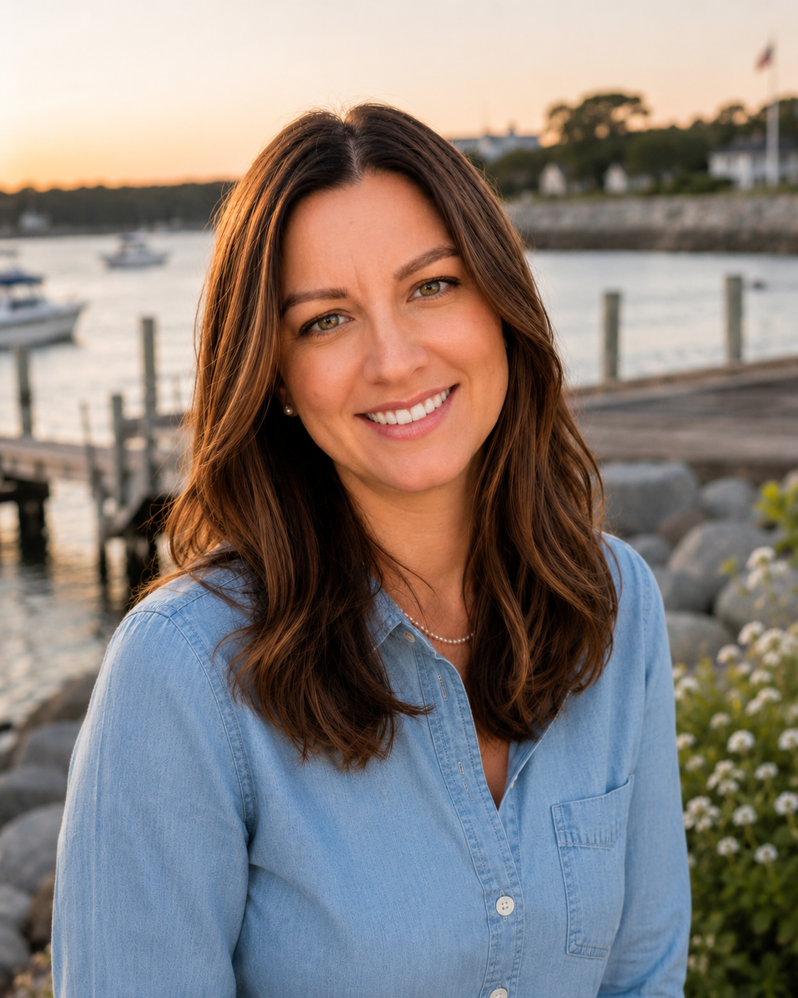 A woman with long brown hair and green eyes smiling outdoors during sunset near a body of water with boats, a dock, and houses in the background.