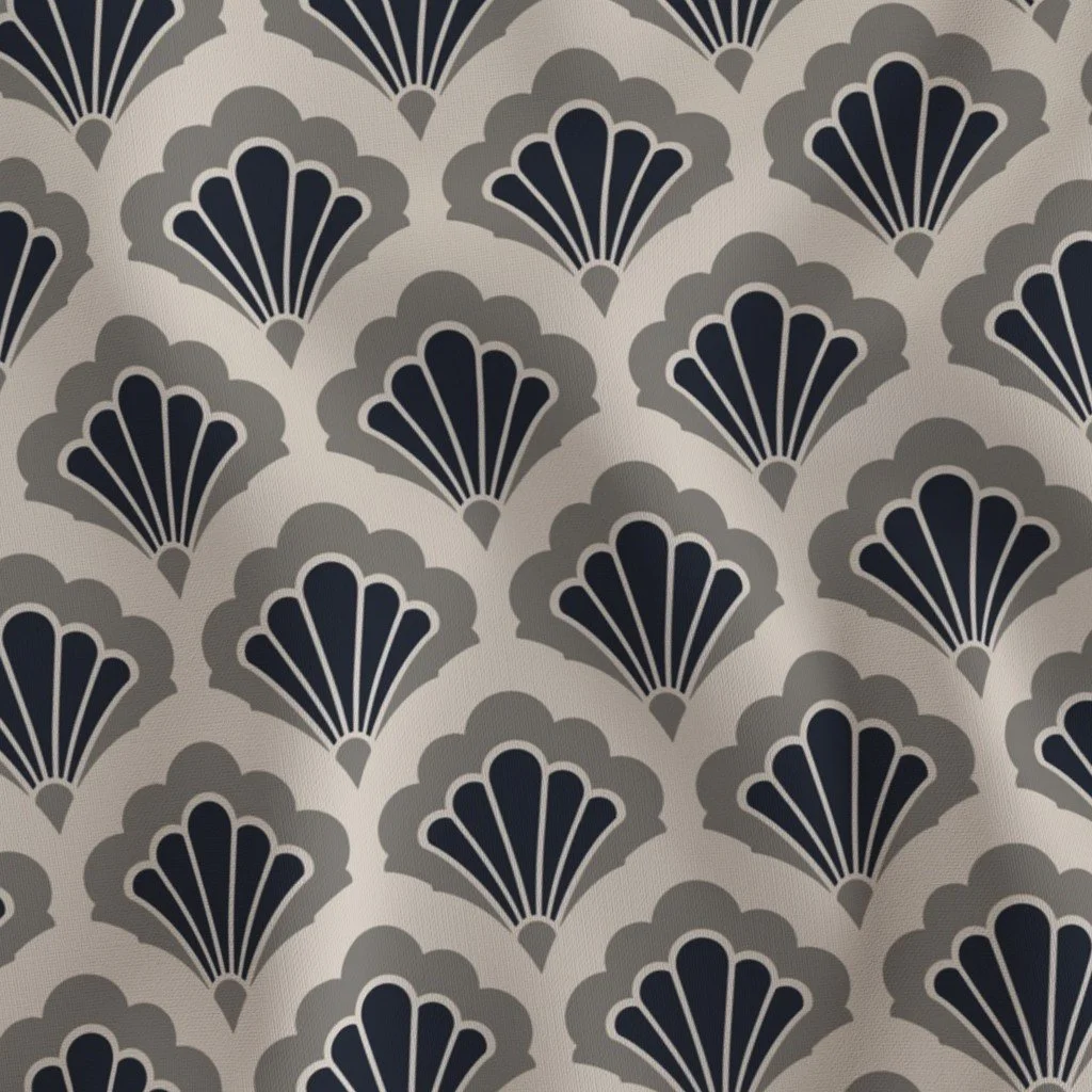 A repeating pattern of navy and gray shells with scalloped edges.