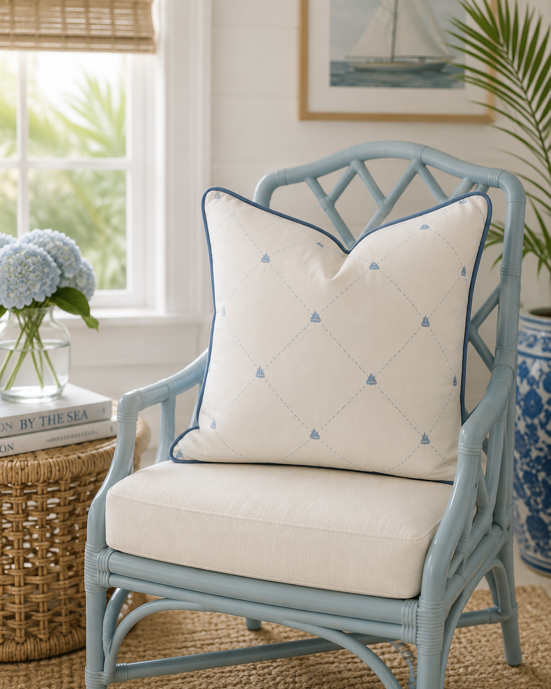 A light blue wicker chair with a white cushion and a decorated throw pillow, in a bright room with a window and sea-themed artwork, a rattan side table with books and a vase of blue hydrangeas, and a potted plant.