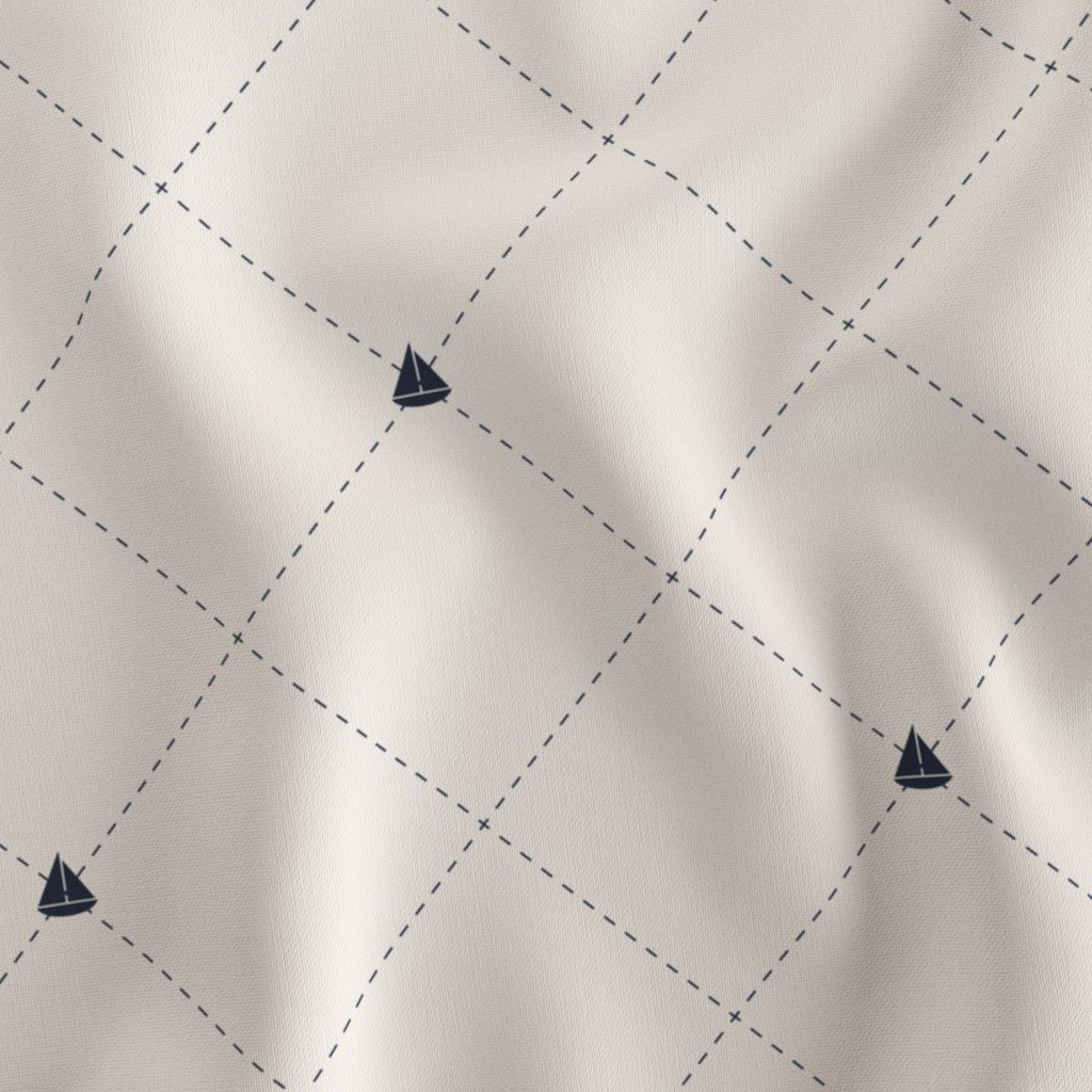 Pattern of sailboats on a grid with wavy fabric texture.