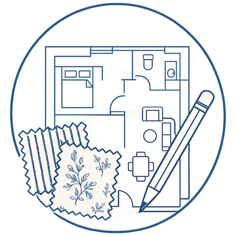 A blueprint of a house with a living room, kitchen, bedroom, bathroom, and fabric swatches and a pencil in front.