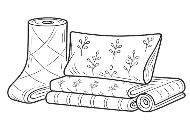 Stacked rolled-up textiles with embroidered and printed patterns, including a pillow and blankets.