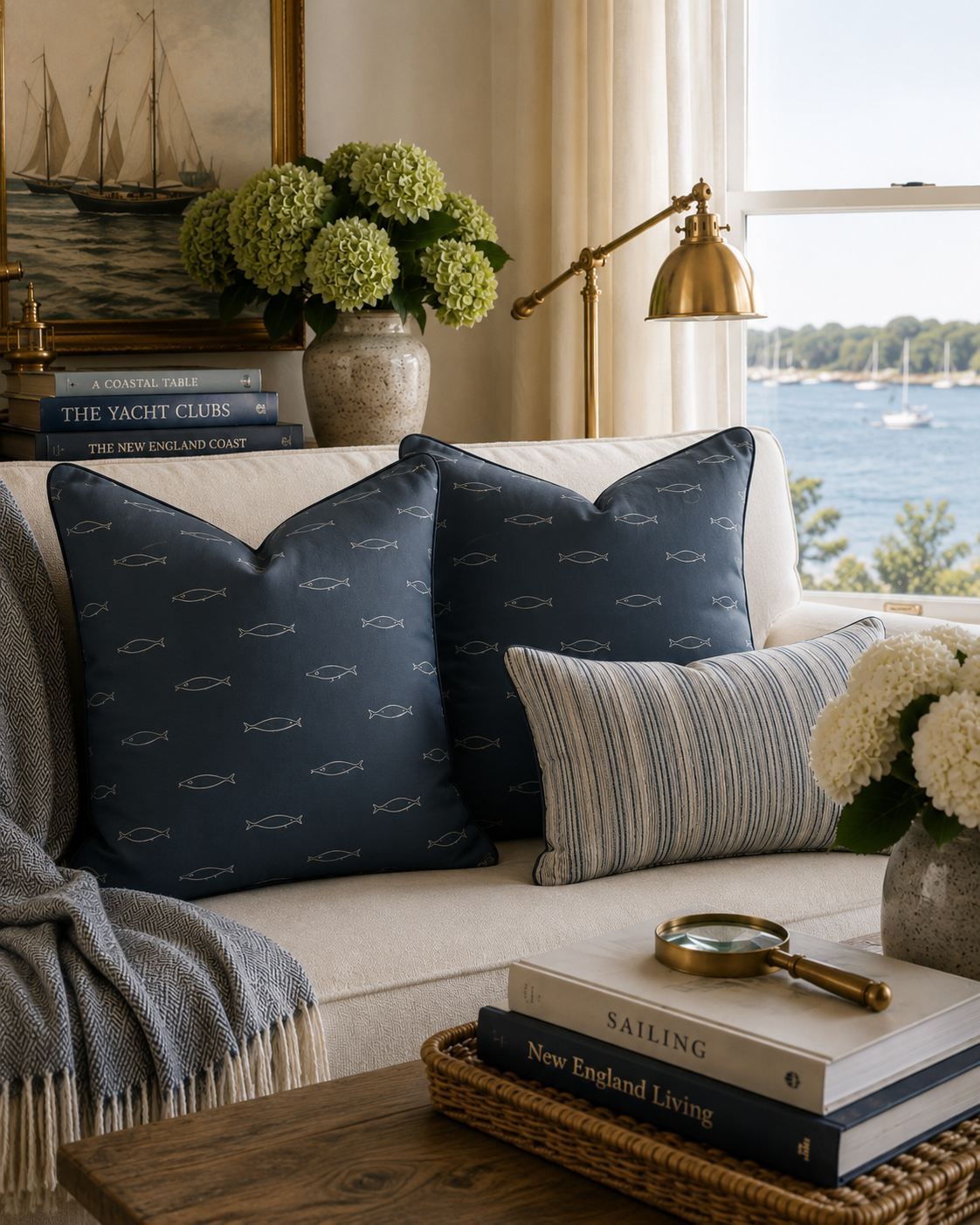 Living room with navy pillows featuring fish patterns, a beige sofa, a coffee table with books labeled 'Sailing' and 'New England Living', a decorative magnifying glass, a vase of white flowers, a gold reading lamp, a large window showing a view of boats on a river, a vase with green hydrangeas, and a framed painting of a sailing ship.