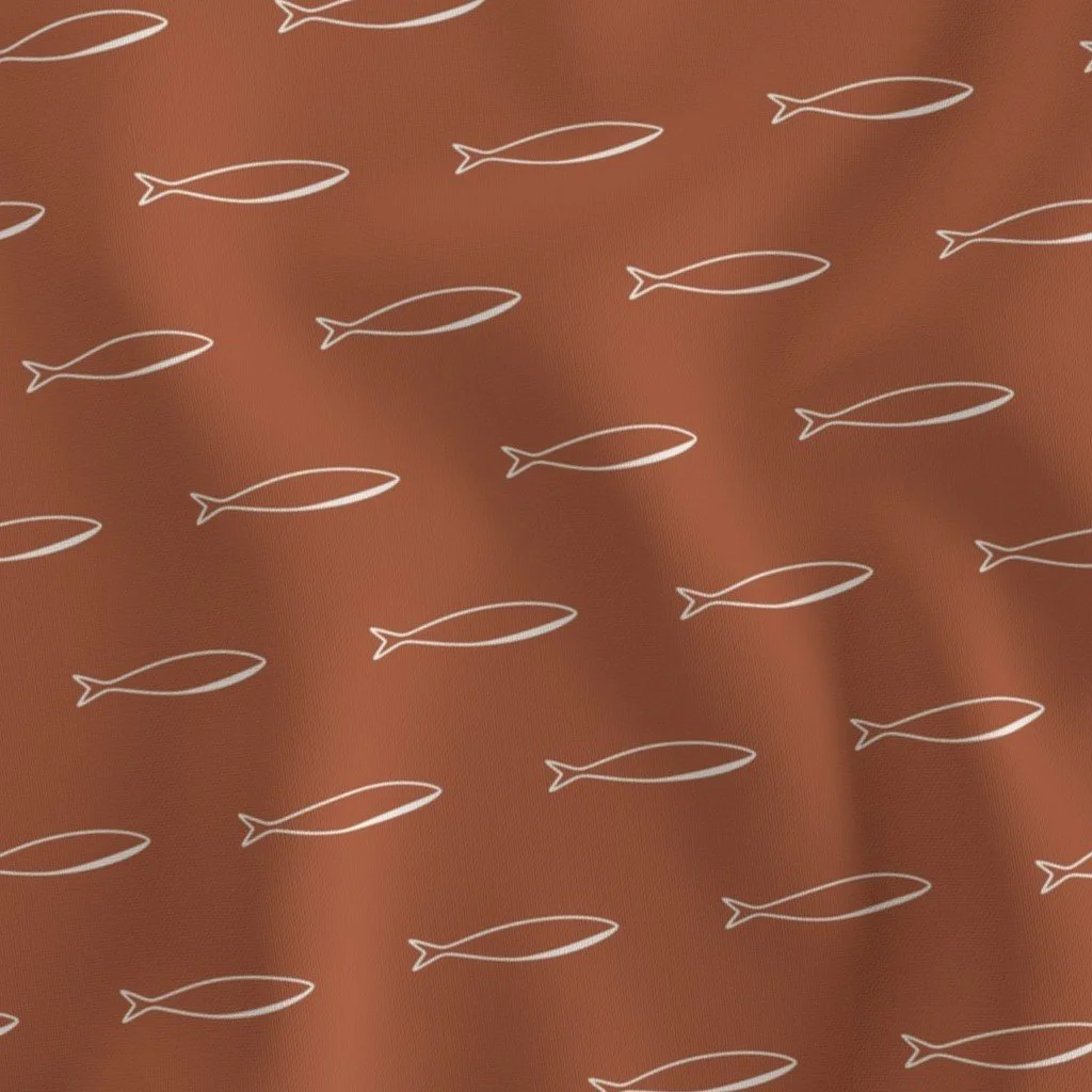 Pattern of white fish outlines on a brown background.