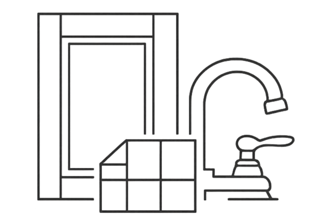Line drawing of a bathroom sink with a curved faucet, a cabinet with six drawers, and a bathroom mirror in the background.
