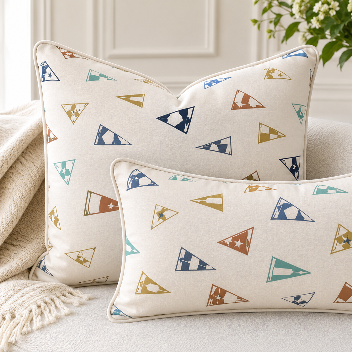 Two decorative rectangular pillows with a pattern of small, colorful, triangular flags featuring stars and cow silhouettes, placed on a light-colored sofa with a cream-colored throw blanket nearby, inside a well-lit room with white walls and green plants.