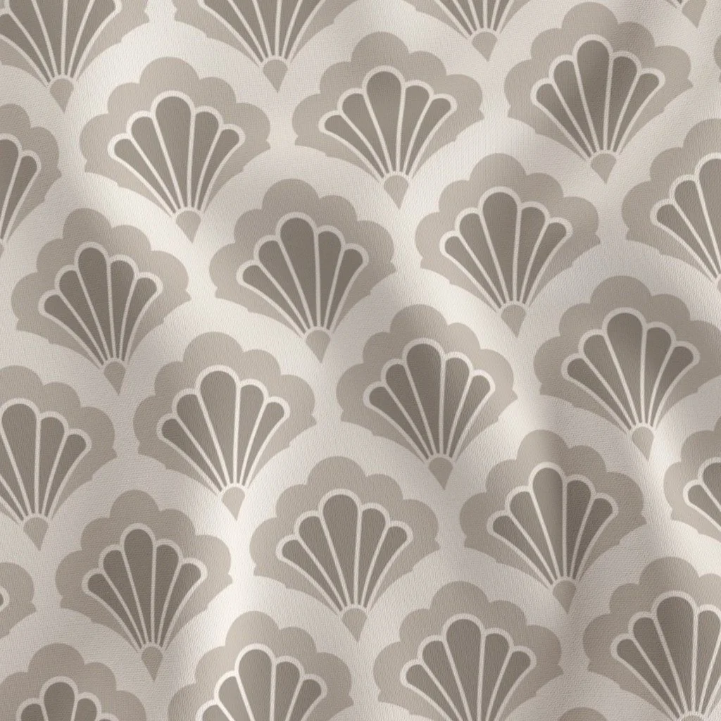 A repeating pattern of stylized fan shapes in shades of gray on a light background.