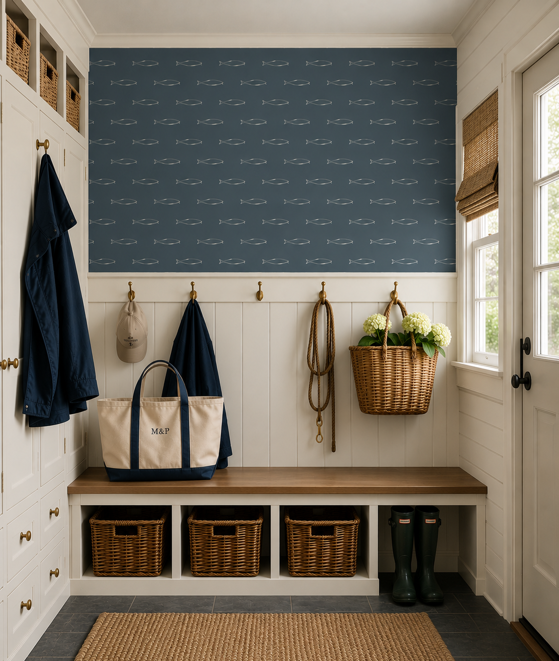 A mudroom with white paneling, a wooden bench, wall hooks with jackets, hats, and ropes, a basket of white flowers, a tote bag, wicker baskets, rain boots, and a blue fish-themed wallpaper.