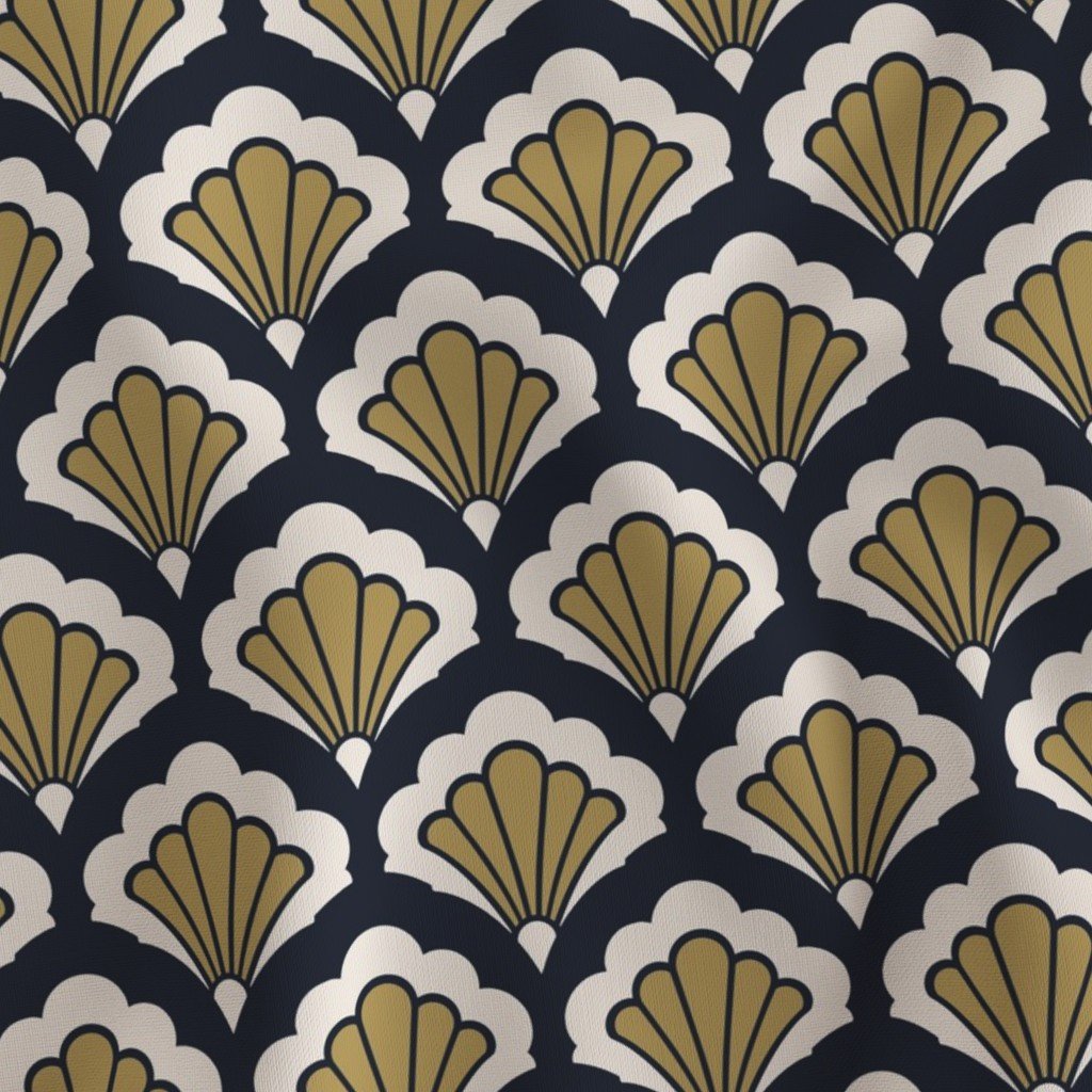 A close-up of a repeating geometric pattern with gold, white, and dark blue colors, resembling stylized flowers or fans.