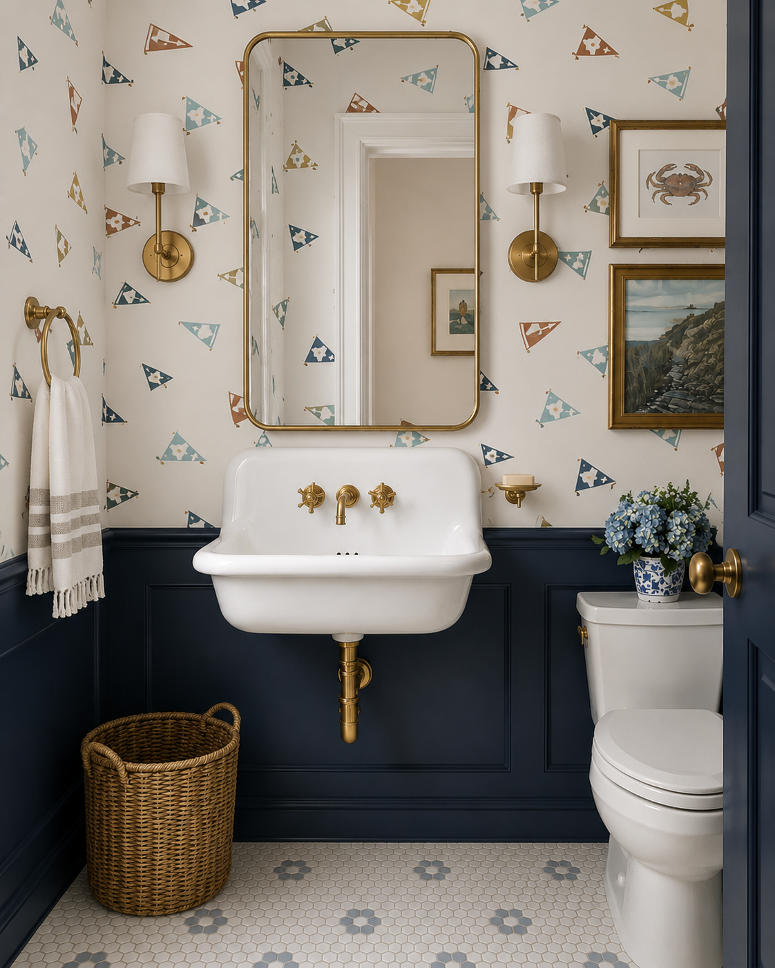 A small bathroom with a white vintage sink with gold fixtures, a large rectangular mirror with a gold frame, beige wallpaper with playful flags pattern, wall-mounted gold lamps with white shades, a toilet with a blue and white floral vase with blue flowers on top, a wicker laundry basket, framed artworks, and navy blue wainscoting.
