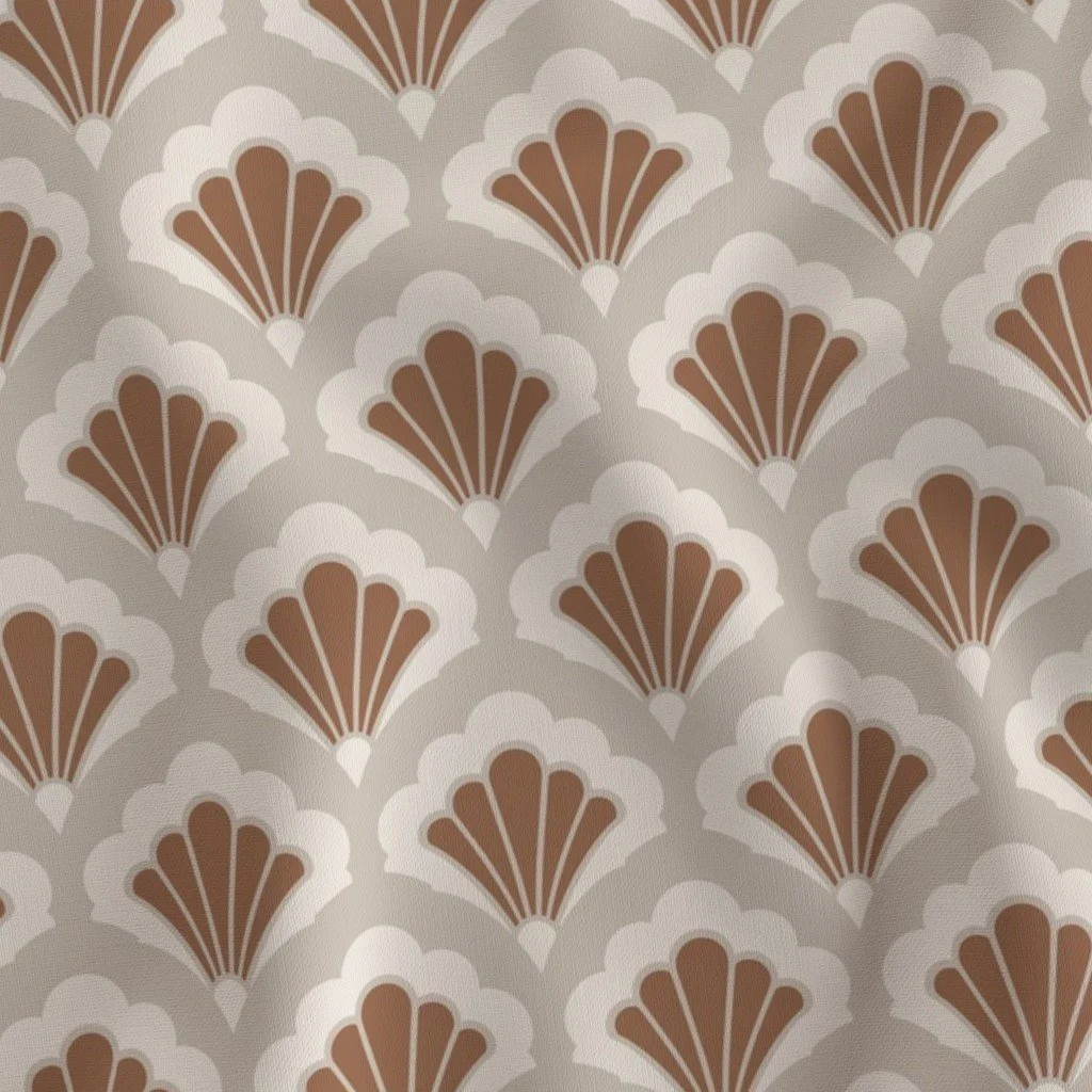 A repeating pattern of stylized fan shapes in brown and white on a light background.