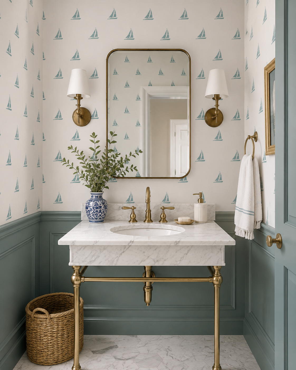A vintage bathroom vanity with a white marble top, brass fixtures, and a large mirror. It has a decorative blue and white vase with greenery, a soap dish, and a container. The wallpaper has a sailboat pattern, and is flanked by gold wall sconces with white shades. There's a wicker basket on the floor and a towel hanging on a brass ring.