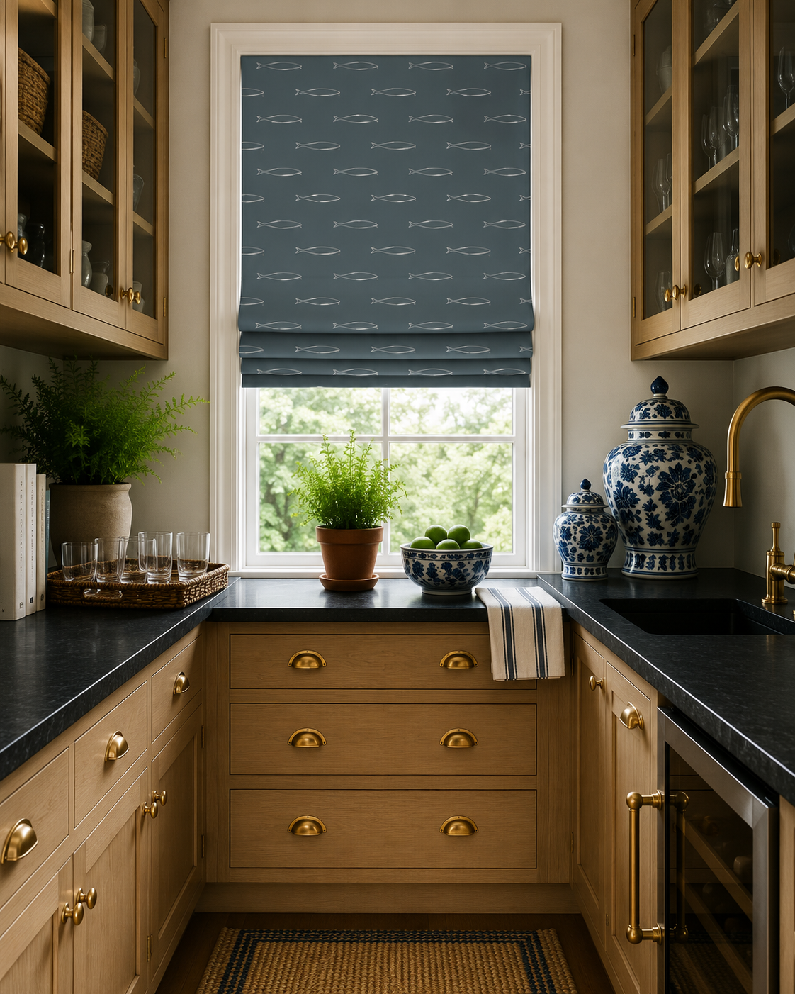 A cozy kitchen corner with a window covered by a blue Roman shade with fish patterns, wooden cabinets with gold knobs, black countertops, potted plants, glassware, and decorative blue and white ceramic jars.