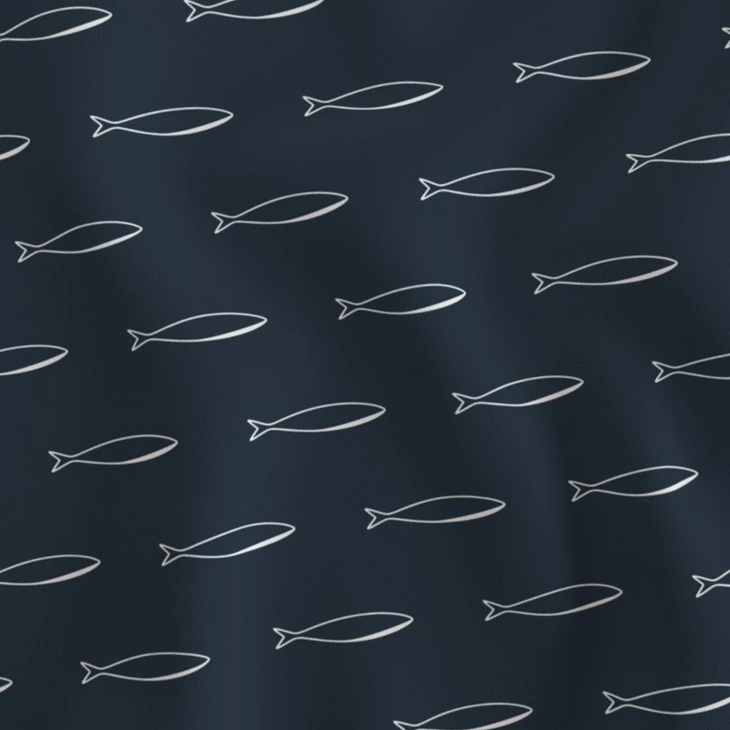 Pattern of simple white line drawings of fish on a dark background.
