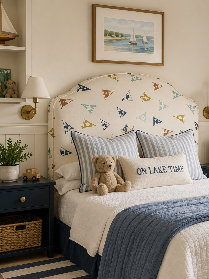 A cozy bedroom with nautical decor. The bed has a striped blue and white pillow, a beige pillow with 'ON LAKE TIME' embroidered, and a teddy bear. There is a nightstand with a potted plant and a small toy car, a white lamp on the wall, a framed painting of sailboats on the water, and a headboard with a flag pattern.