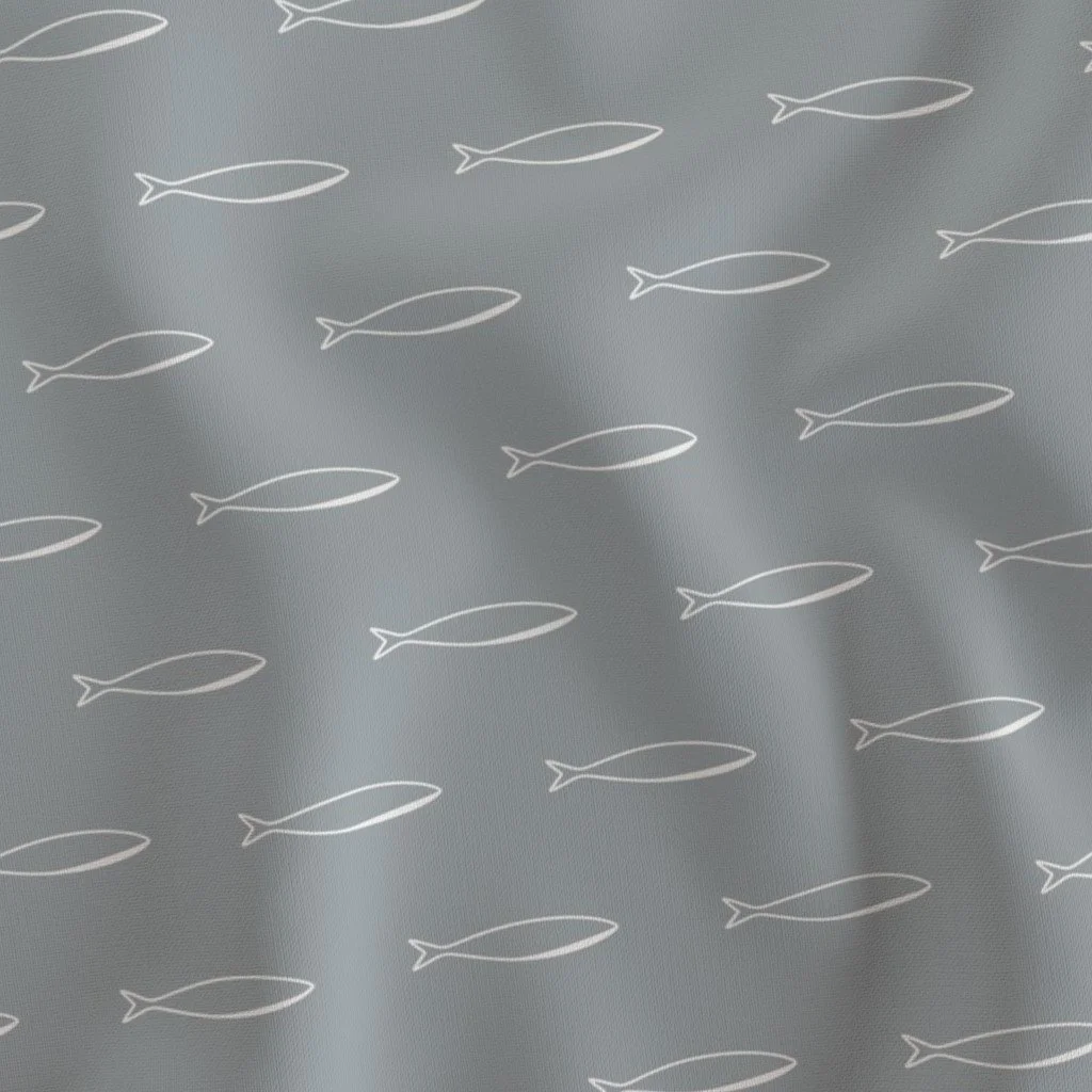 Gray fabric with a pattern of white, simple fish outlines.