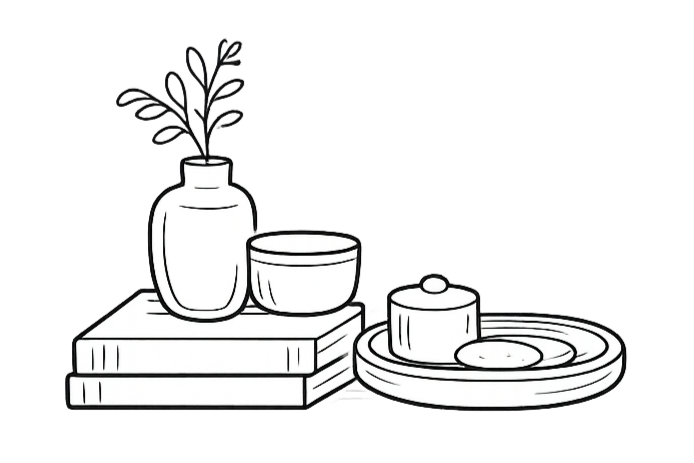 A black and white line drawing of a still life with a vase with leaves, a bowl, a box with a lid, and a plate with a cake, all arranged on stacked books.