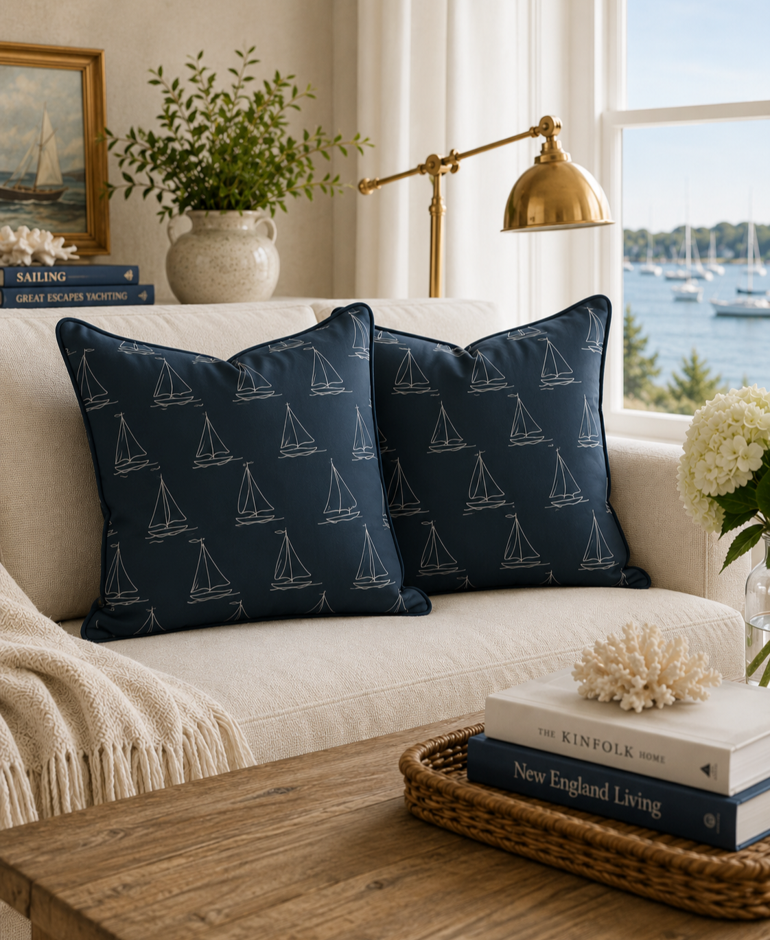 Living room with navy pillows featuring white sailing boat patterns on a white sofa, a wooden coffee table with books and shell decor, a large plant, and a view of sailboats on the water outside a window.
