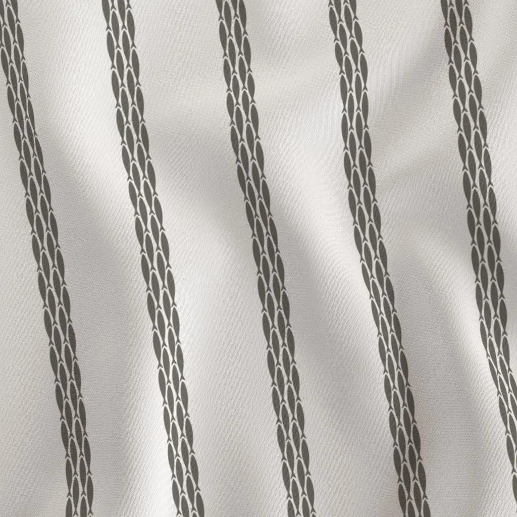 Close-up of a light-colored fabric with vertical dark gray stripe patterns.