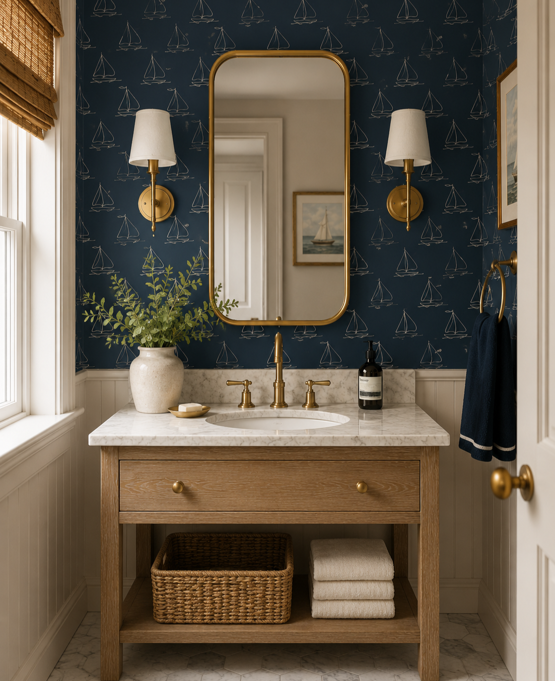 A bathroom vanity with a marble top, a gold faucet, and a large mirror framed in gold. There are two wall-mounted lamps with white shades, a potted plant, a soap dish, a bottle of soap, and a navy towel hanging on a gold ring. The wall behind the mirror has blue wallpaper with sailboat patterns, and there is a window with a bamboo shade.