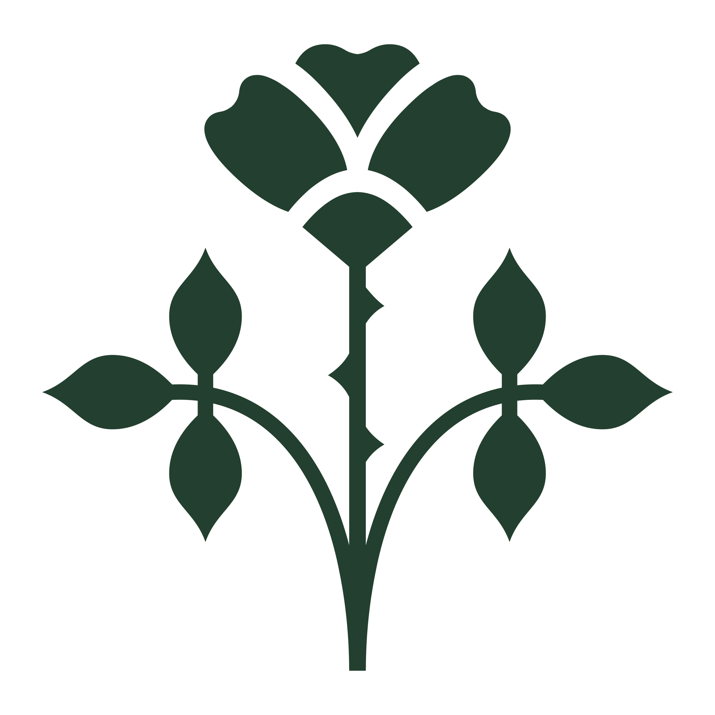 Simple dark green silhouette of a rose with leaves on a black background.
