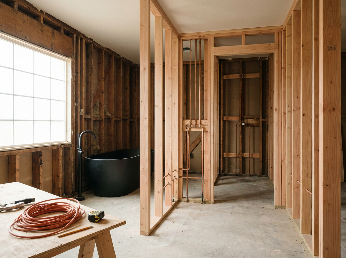 image of a bathroom renovation. all walls are back to stud and there is a bath in the corner