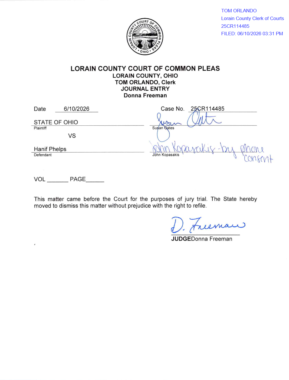Legal court document from the Lorain County Court of Common Pleas in Ohio, with signatures, case details, and official seal.