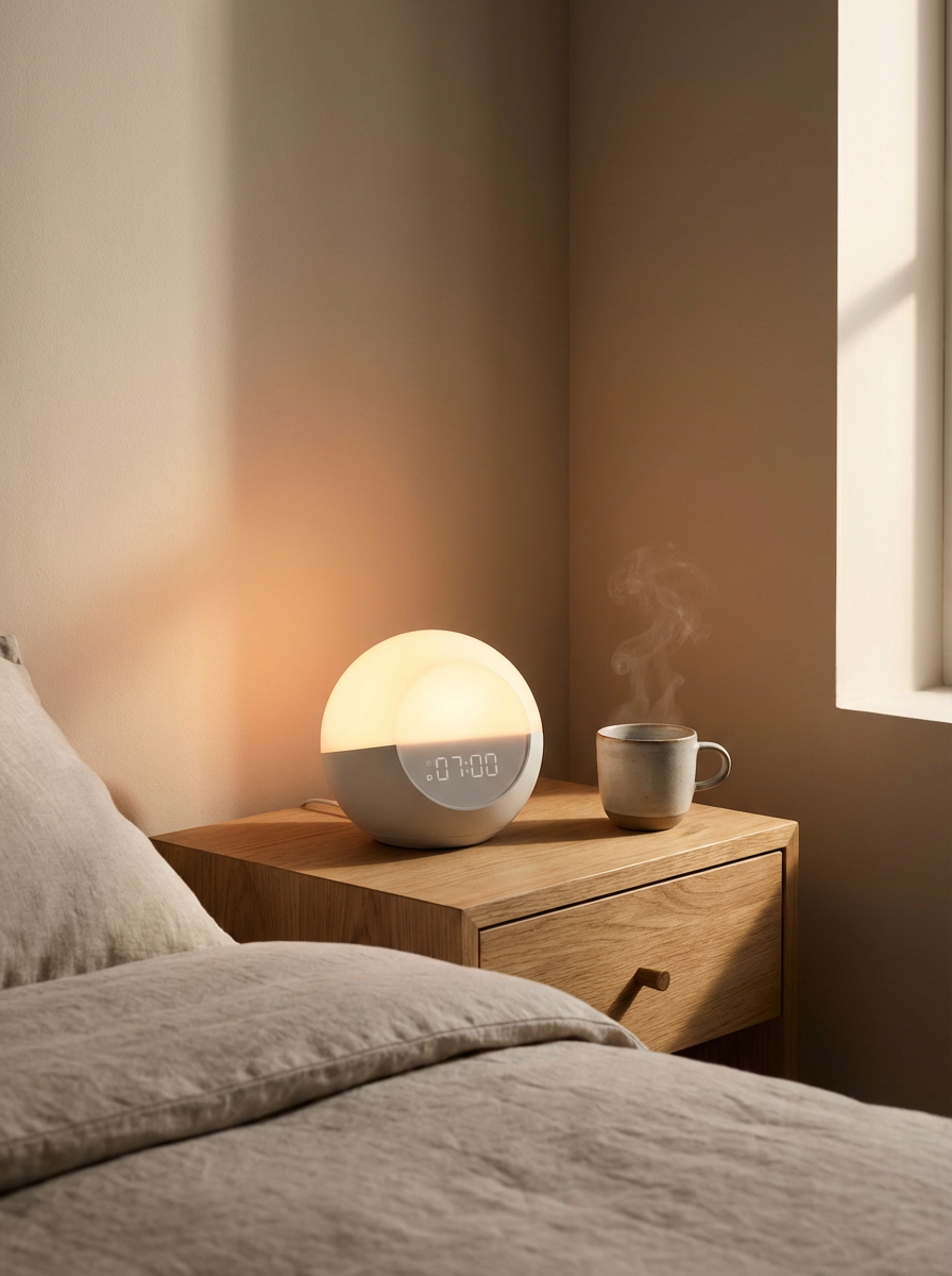 A bedroom nightstand with a modern alarm clock displaying 07:00, a steaming coffee mug, and a window letting in natural light.