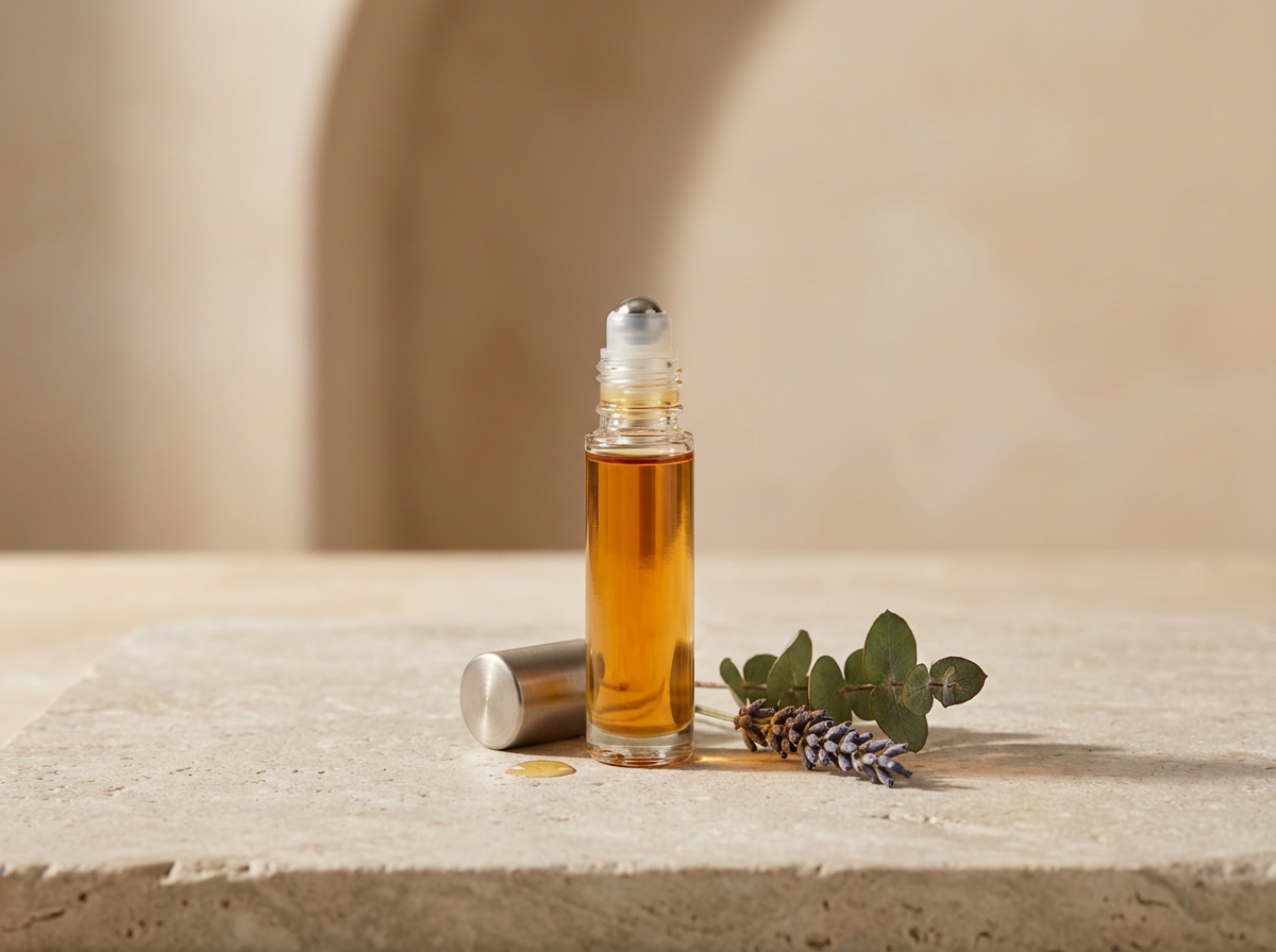 A rollerball perfume bottle filled with amber-colored liquid, lying on a light-colored surface beside a sprig of lavender and eucalyptus leaves, with the bottle's silver cap placed nearby.