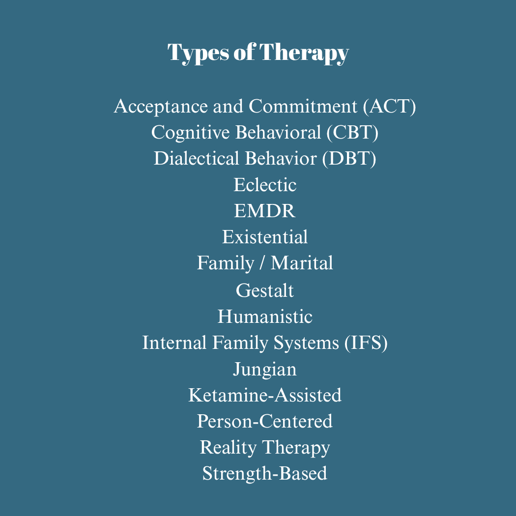 List titled 'Types of Therapy' including various therapeutic approaches such as Acceptance and Commitment (ACT), Cognitive Behavioral (CBT), Dialectical Behavior (DBT), Eclectic, EMDR, Existential, Family/Marital, Gestalt, Humanistic, Internal Family Systems (IFS), Jungian, Ketamine-Assisted, Person-Centered, Reality Therapy, and Strength-Based.