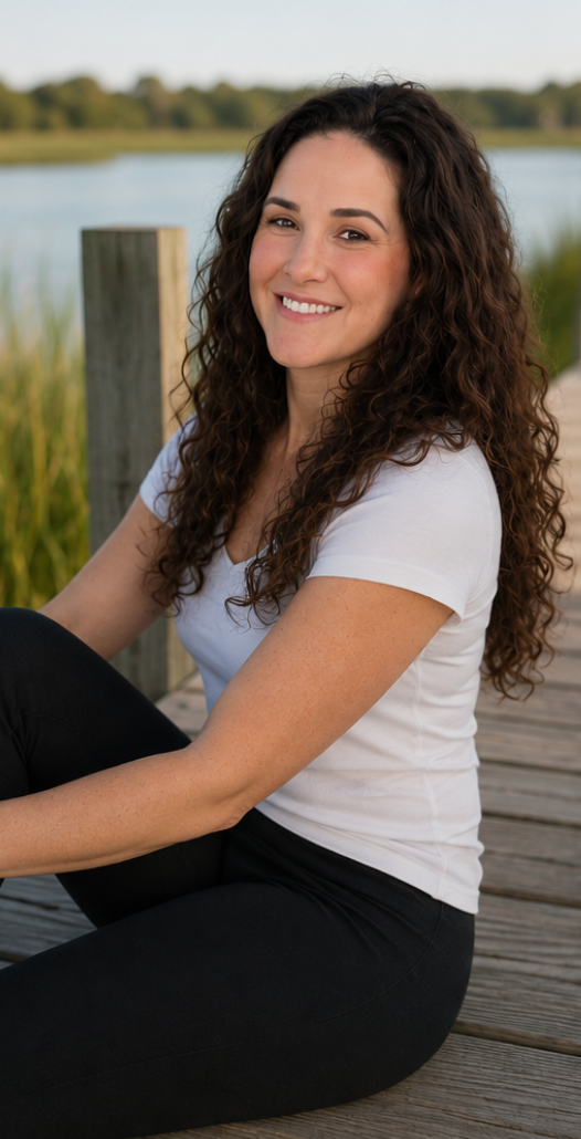A woman with long, curly brown hair smiling while sitting on a wooden dock near a lake, with trees and water in the background.