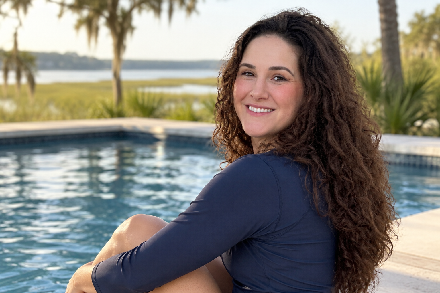 A woman with long, curly hair sitting by a swimming pool outdoors, smiling at the camera with a scenic water and greenery background.